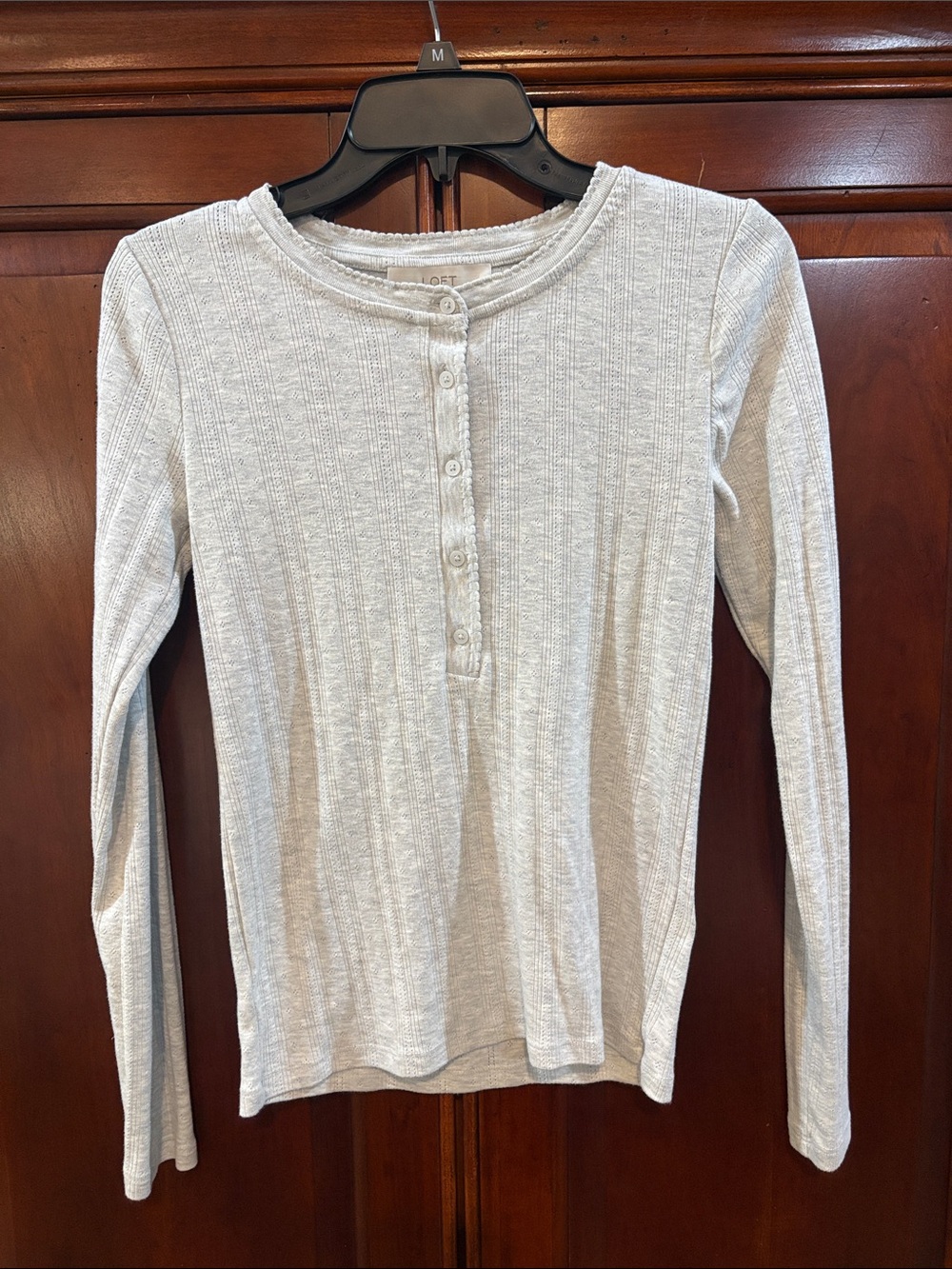 LOFT Light Gray Ribbed Henley Long-Sleeve Top